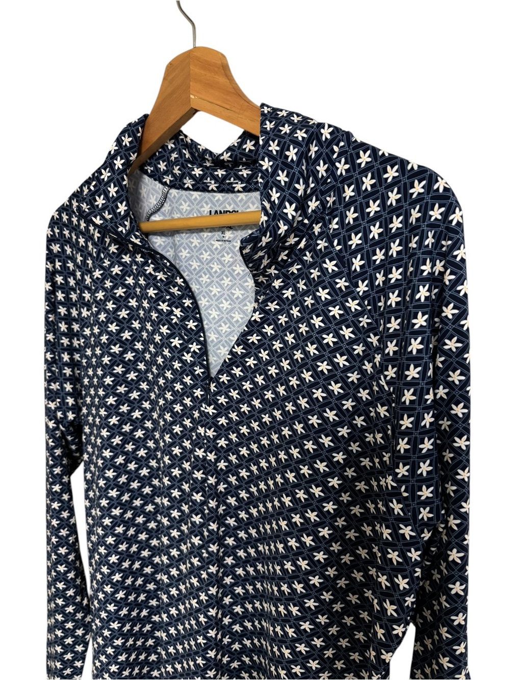 Lands’End navy blue allover geometric pattern 1/2 zip rash guard swim shirt XL - Picture 8 of 11